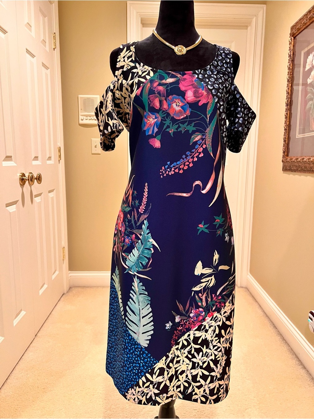 RACHEL Rachel Roy Black Floral Patchwork Cold-Shoulder Dress